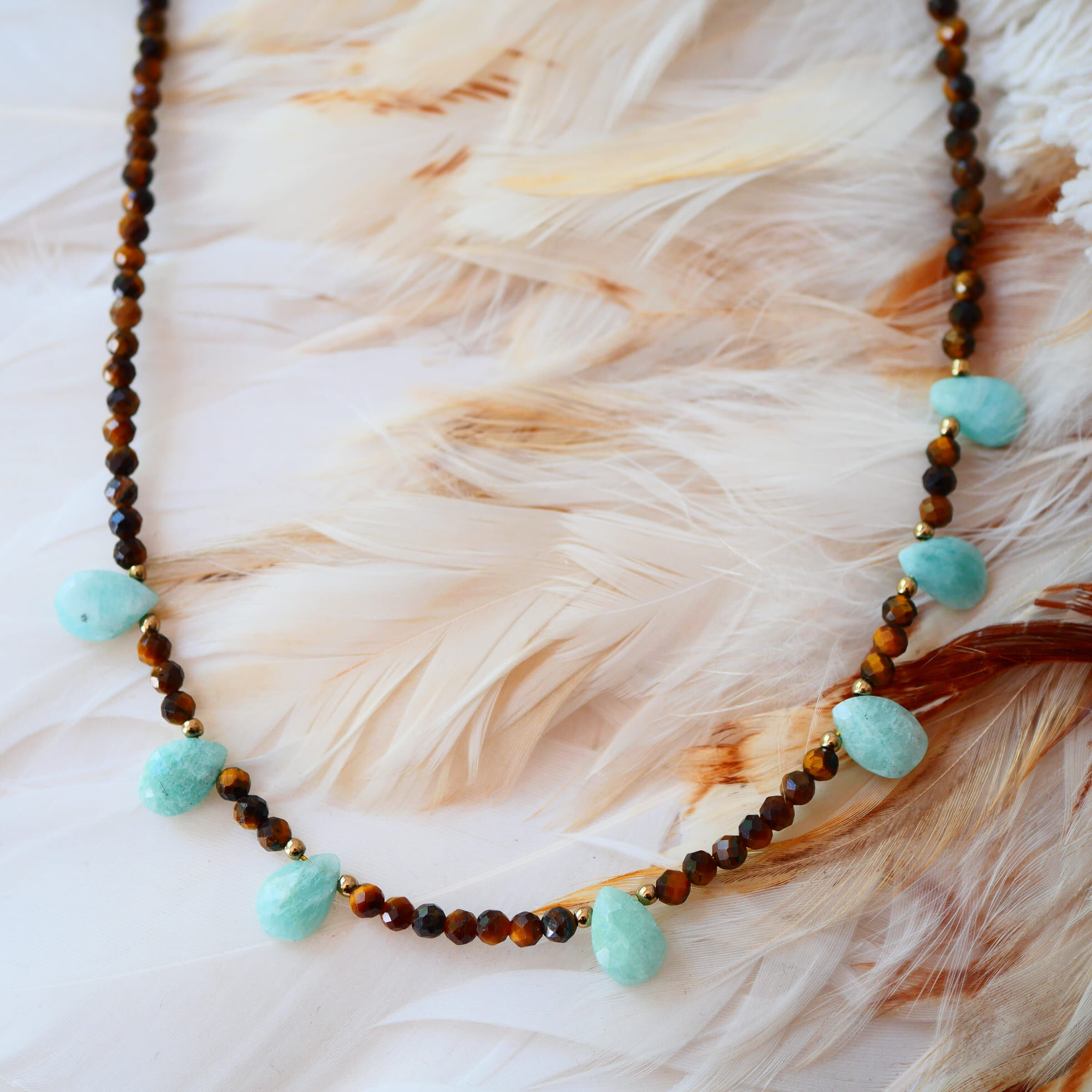 Collier Mati — Œil de Tigre & Amazonite