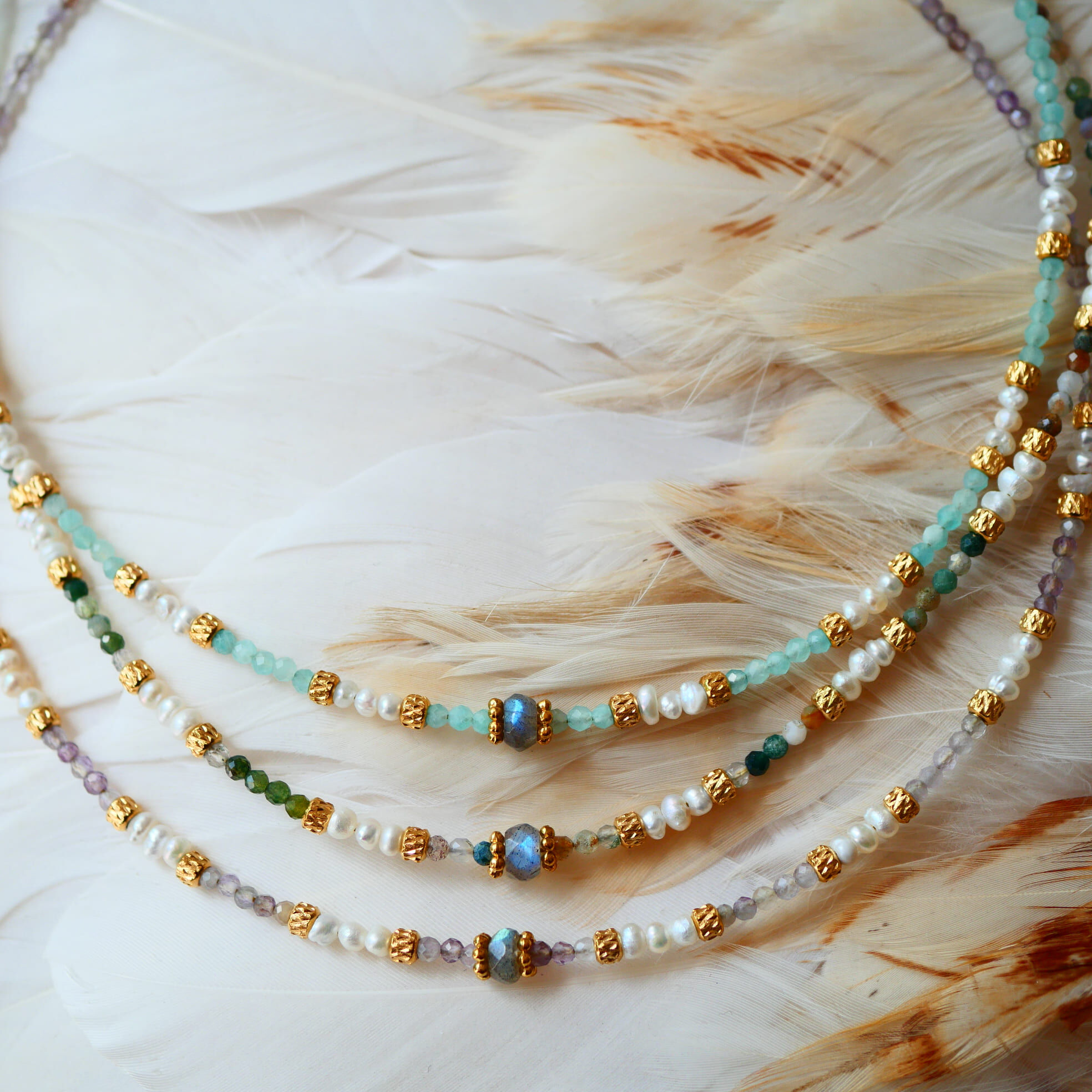 Collier Mukta — Perles de Culture, Labradorite & Pierre au Choix
