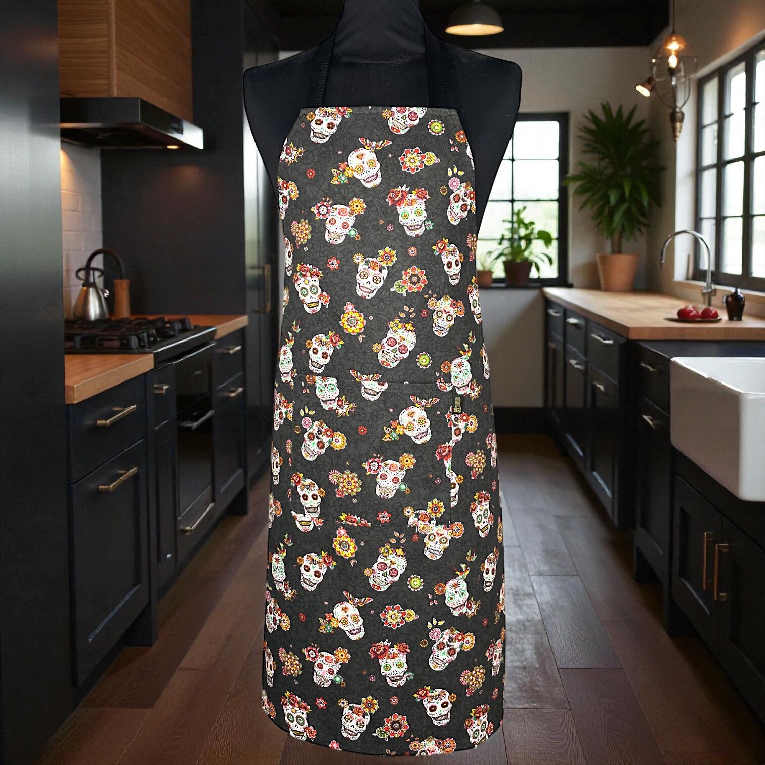 Kitchen apron, black "Calaveras"