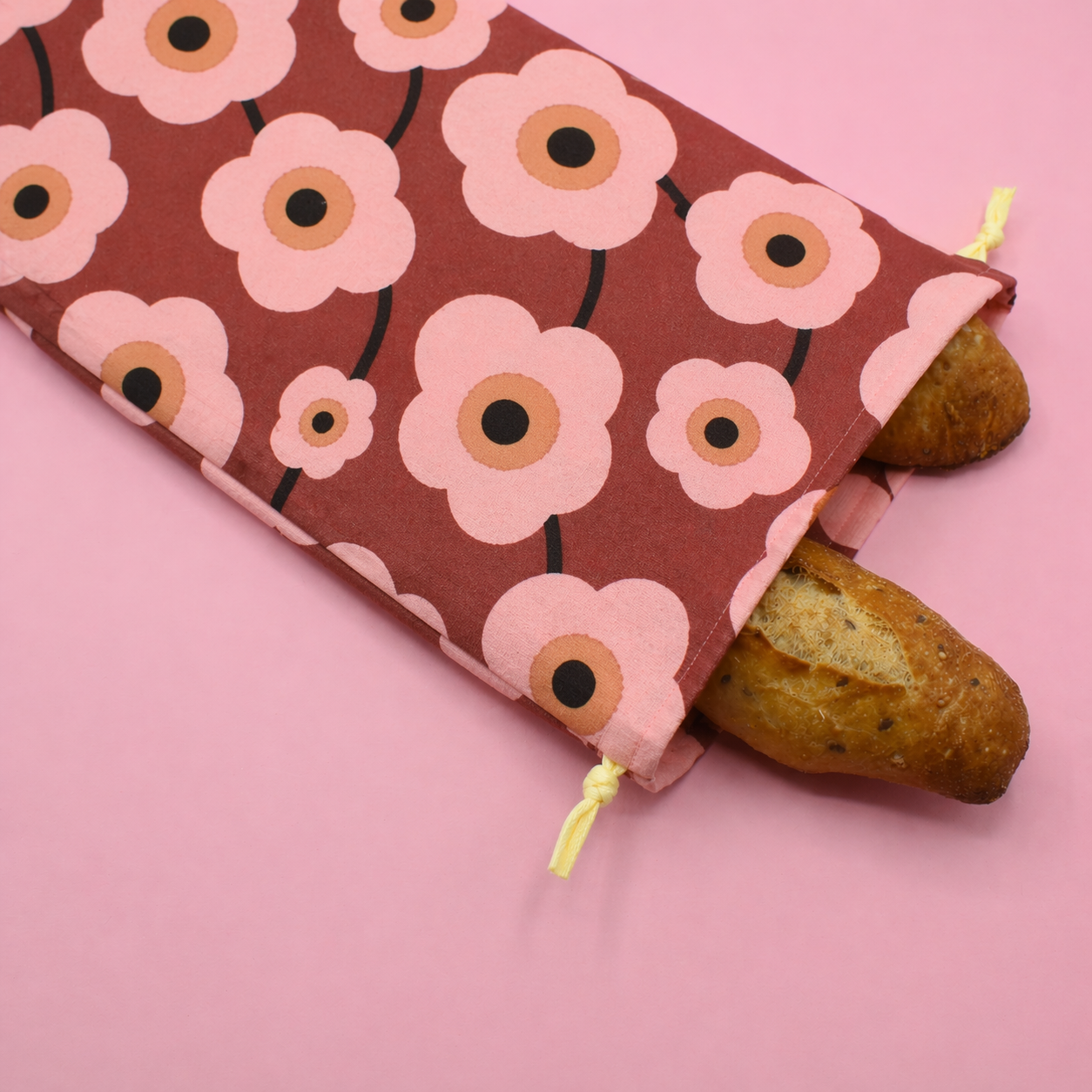 Neues Muster – Dicke Baumwolltasche im Baguette-Stil – bordeauxrote Blumen