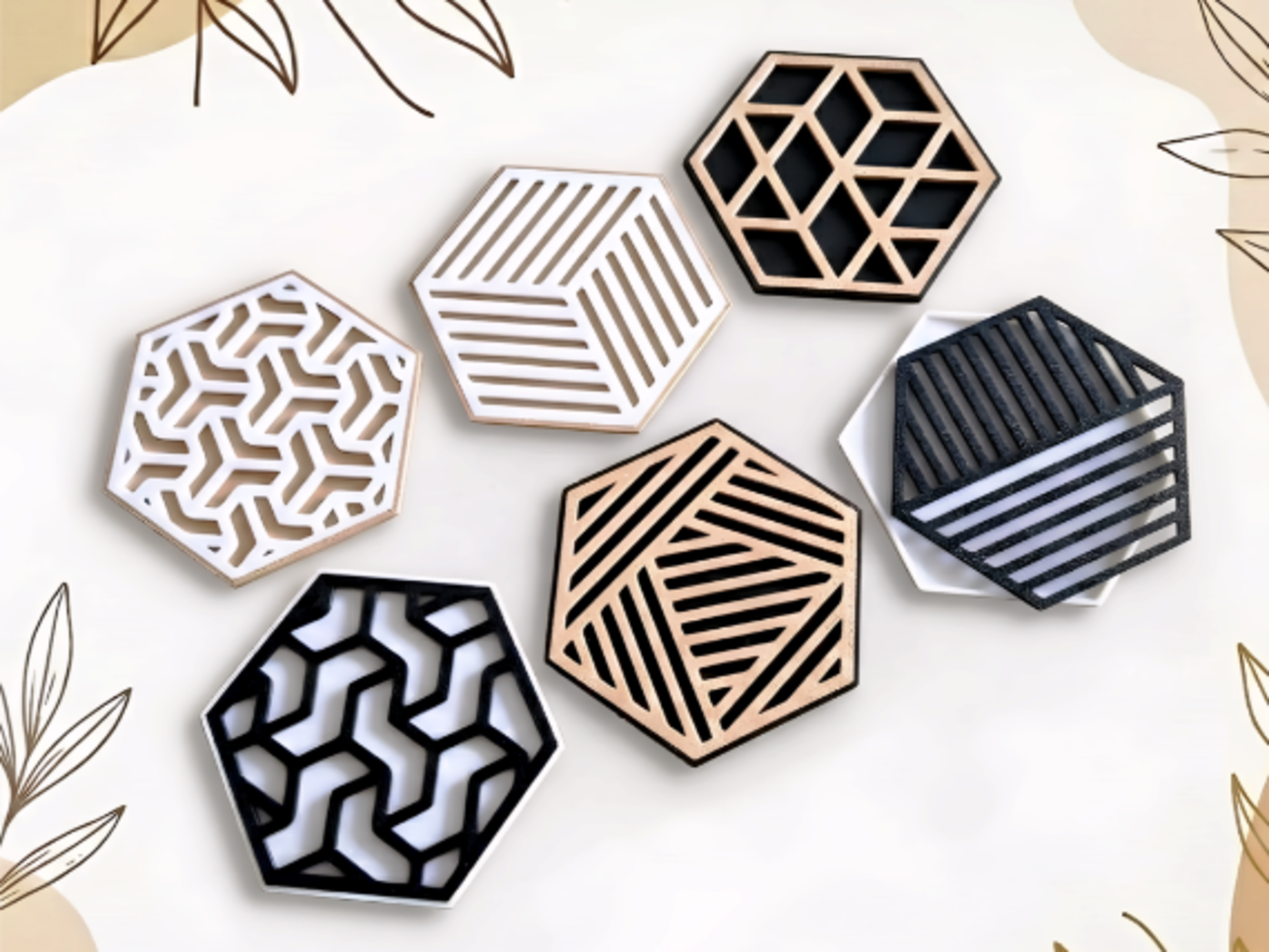 Hexagon Coaster Set with Holder, Modern Geometric Drink Coasters, Stackable Coasters with Drip Tray, Custom Color Set, Minimalist Home Decor Gift