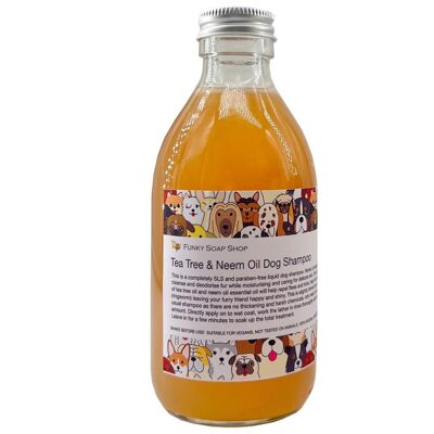 Shampoo liquido per cani all'albero del tè e olio di neem, flacone in vetro da 250 ml