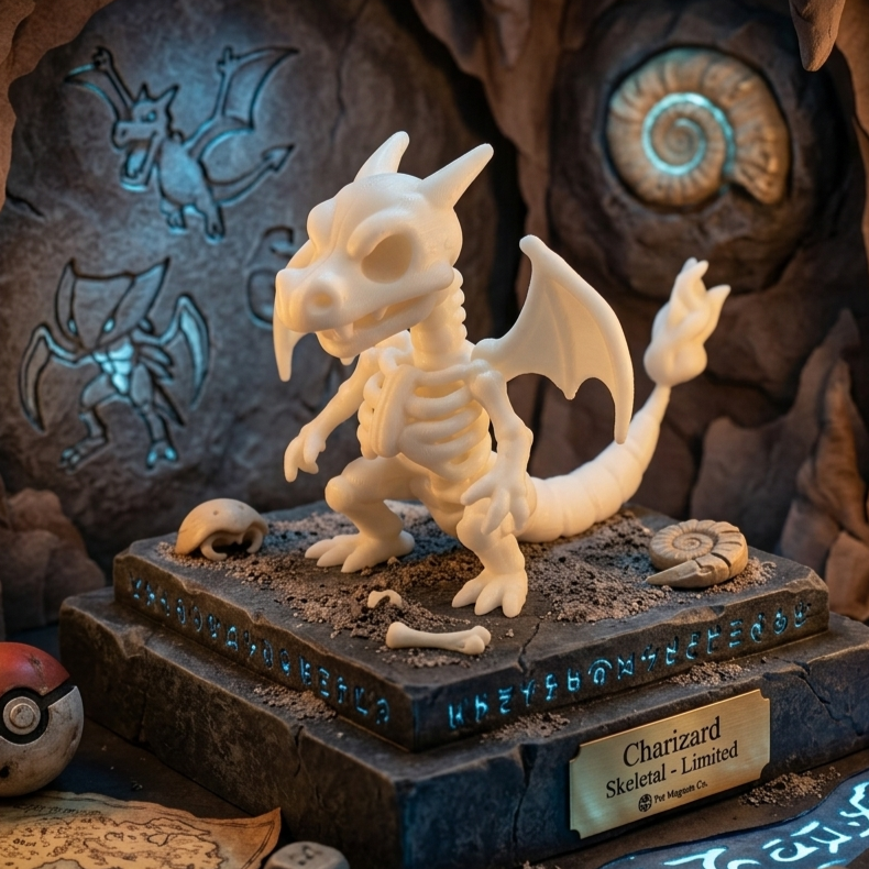 Charizard Skeleton Sculpture, Pokémon Skull Art Figure, 3D Printed Dragon Bones Statue, Dark Geek Decor, Collectible Display, Gift for Pokemon Fans