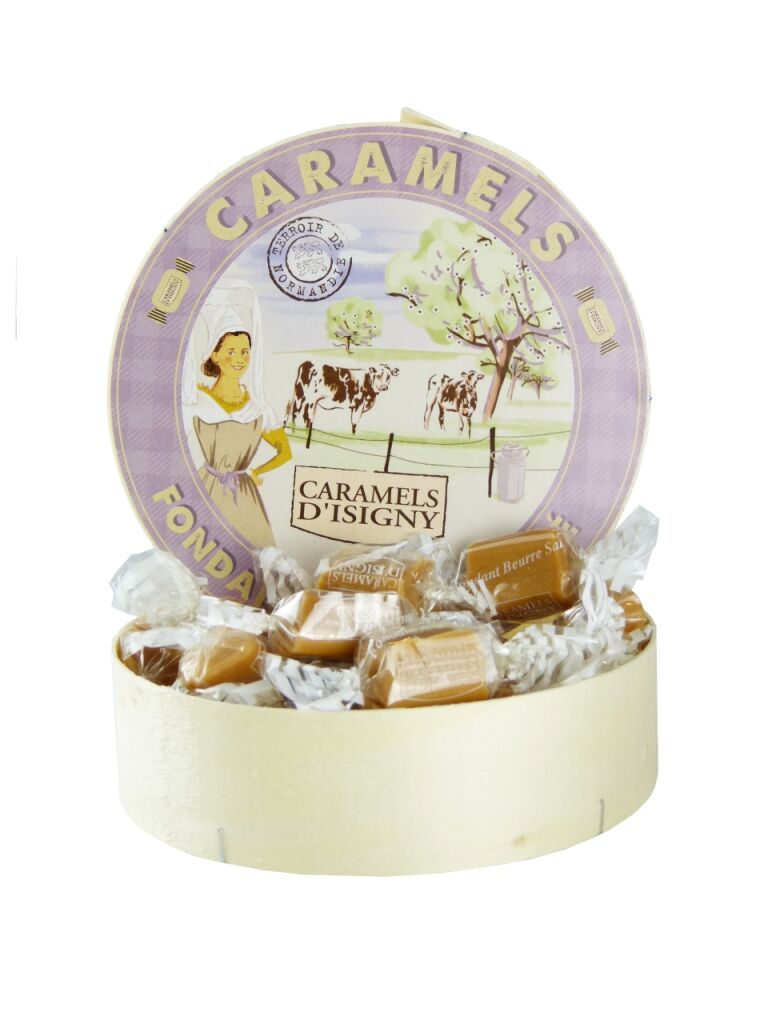 Wooden box of 150g salted caramel fondant candies from Isigny Caramels