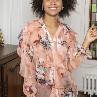 Bohemian print button-down shirt top with ruffles and V-neck