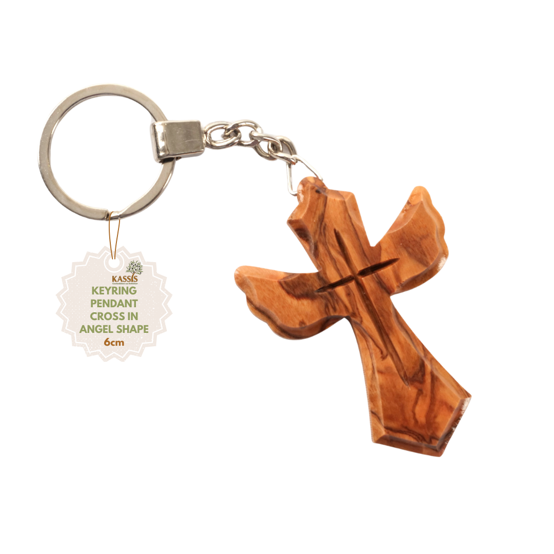 Buy wholesale Angel-shaped cross keychain made of olive wood