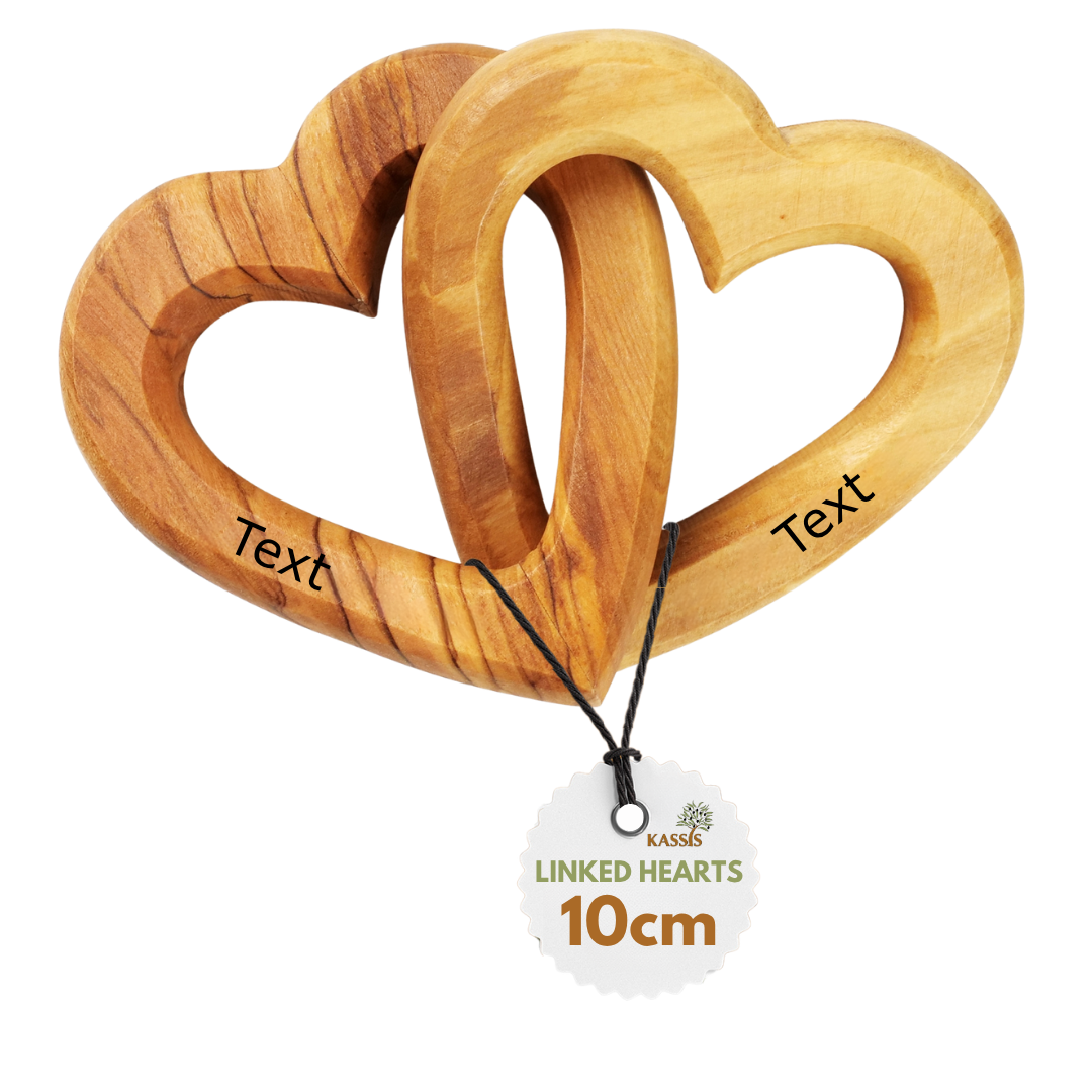 Personalized linked hearts made of olive wood, 10 cm, with engraving | Gift for weddings, Valentine's Day, anniversaries