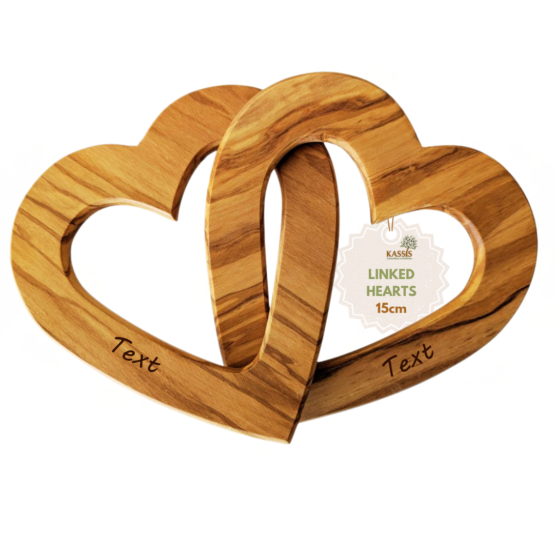 Personalized linked hearts made of olive wood, 15 cm, with engraving | Gift for weddings, Valentine's Day, anniversaries