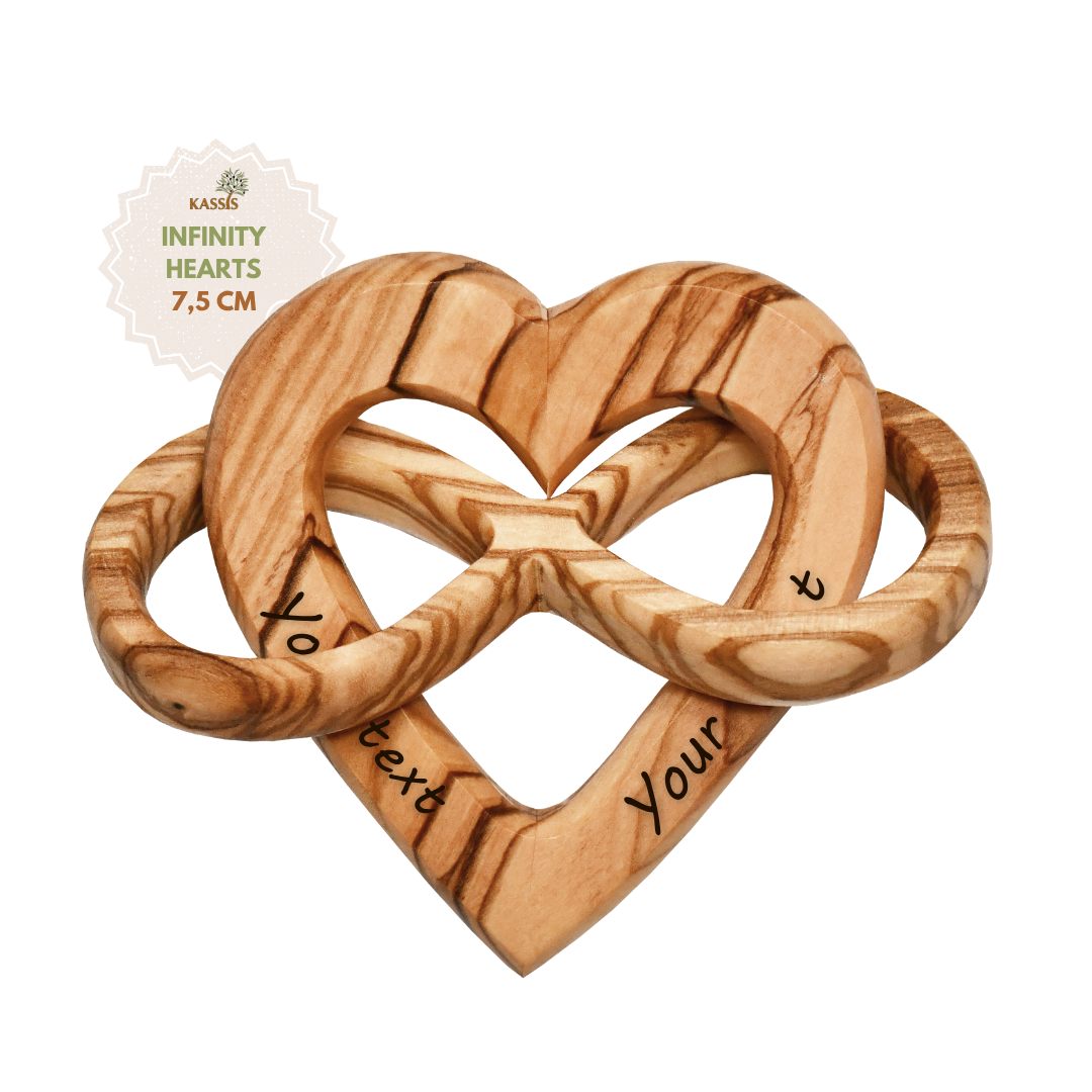 Personalized olive wood heart with infinity symbol, 7.5cm | Gift for weddings, Valentine's Day, anniversaries