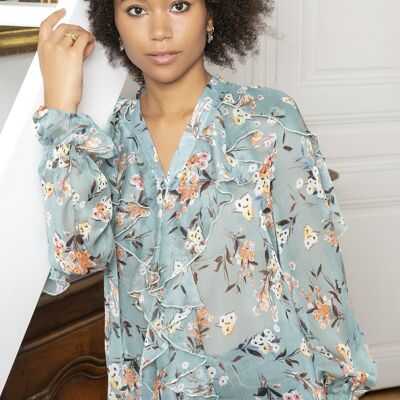 Bohemian print button-down shirt top with ruffles and V-neck