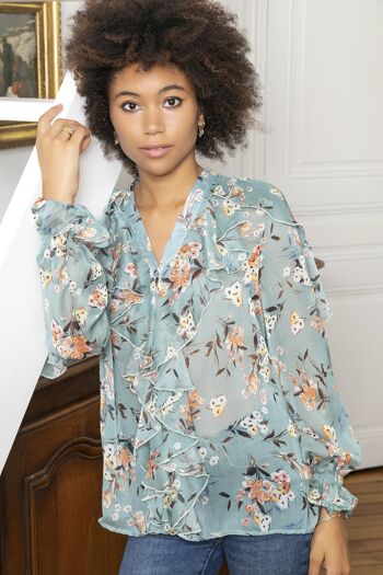 Top chemise boutonnée à imprimé bohémien avec volants et col V 1