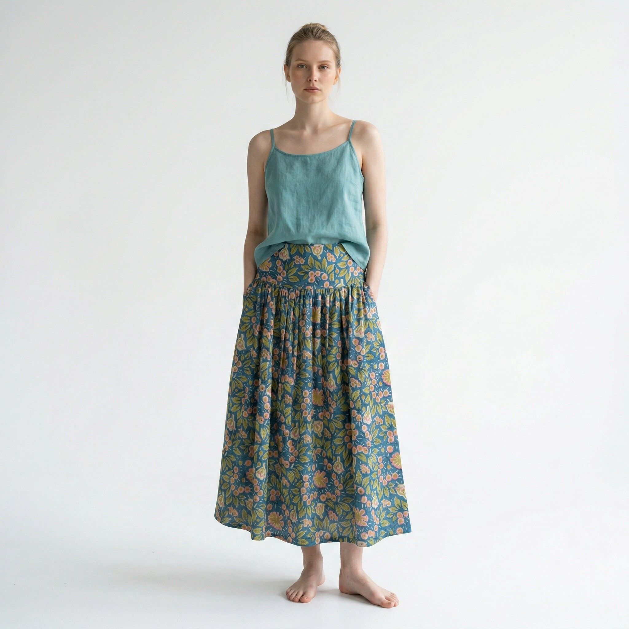 Falda larga de algodón con estampado floral "Bleuette"