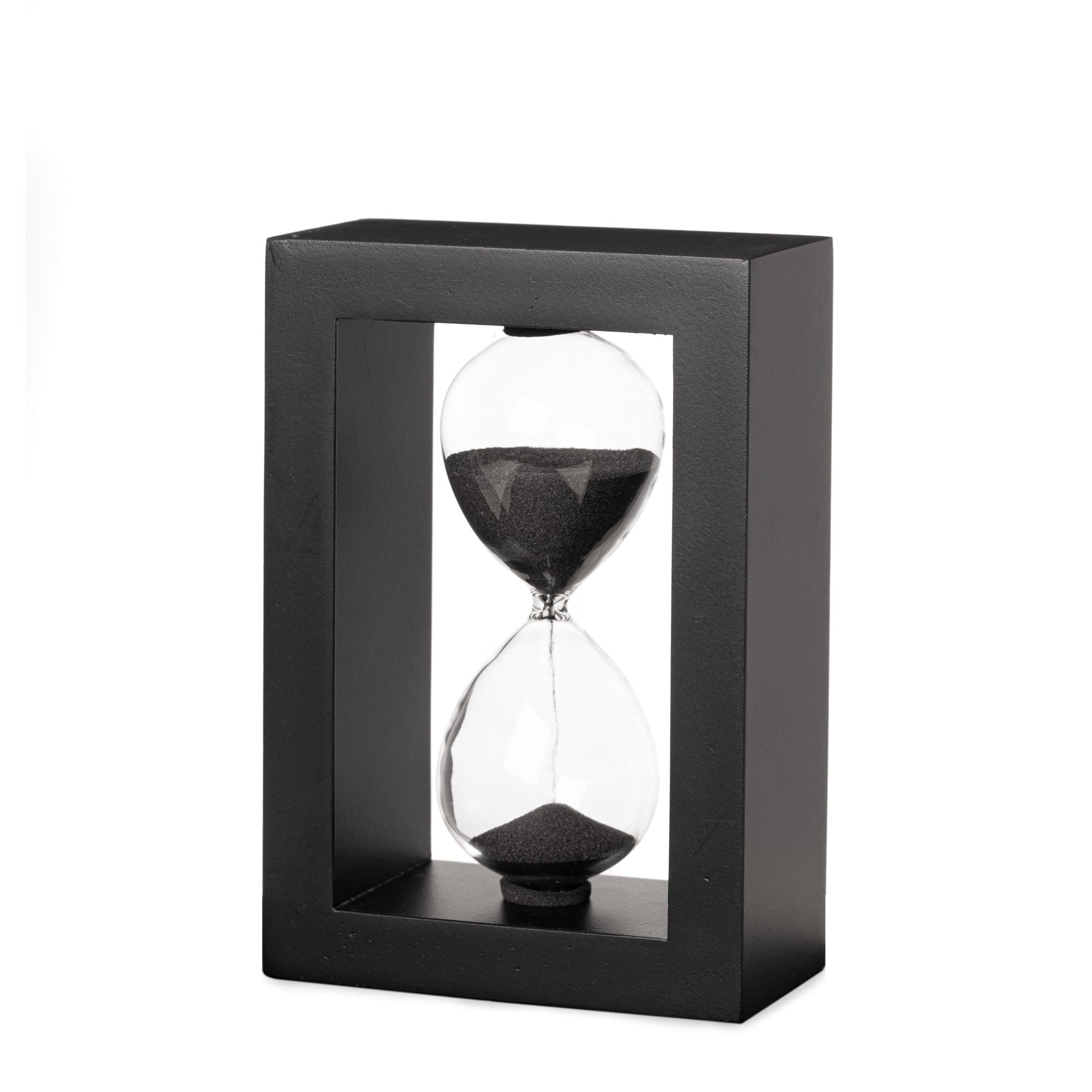 Dekorative schwarze rechteckige Sanduhr mit Holzrahmen und schwarzem Sand (5 Min.)