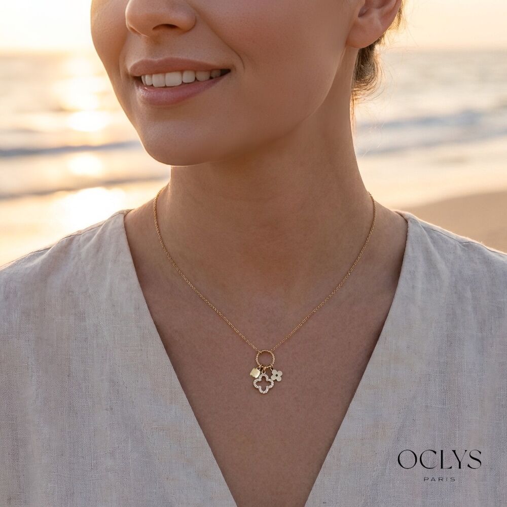 Collier trèfle strass acier inoxydable Pietra