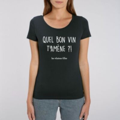 Round neck t-shirt What good wine brings you organic-Black