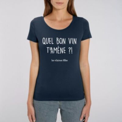 Round neck t-shirt What good wine brings you organic-Navy blue