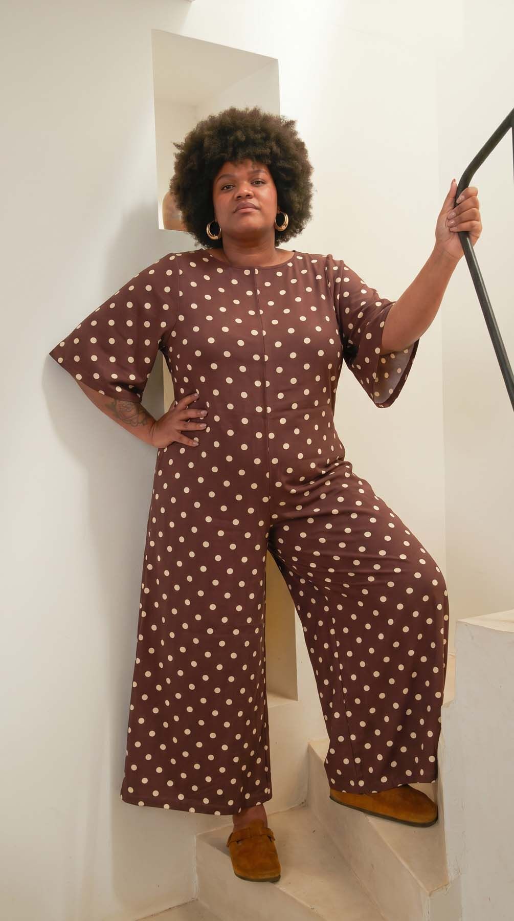 Brown Polka Dot Jumpsuit with Flared Sleeves