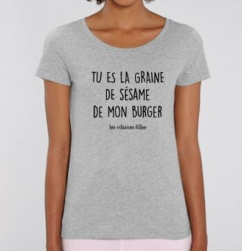 Tee-shirt col rond Tu es la graine de sésame de mon burger bio-Gris chiné