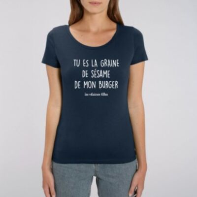 Tee-shirt col rond Tu es la graine de sésame de mon burger bio-Bleu marine