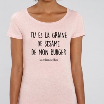 Tee-shirt col rond Tu es la graine de sésame de mon burger bio-Rose chiné