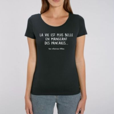 Round neck t-shirt life is more beautiful by eating organic pancakes-Black