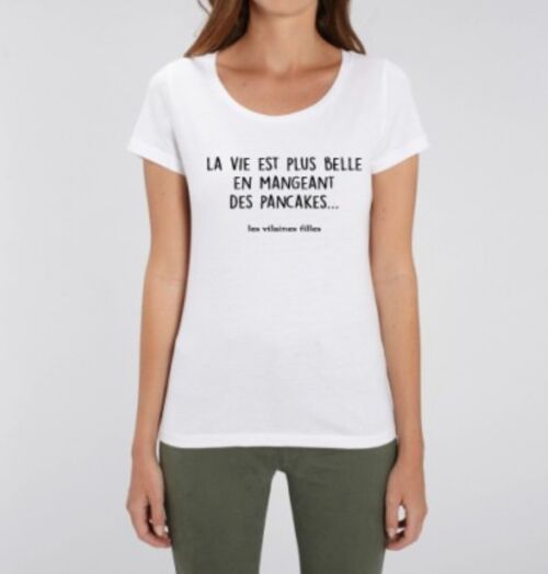 Tee-shirt col rond la vie est plus belle en mangeant des pancakes bio-Blanc