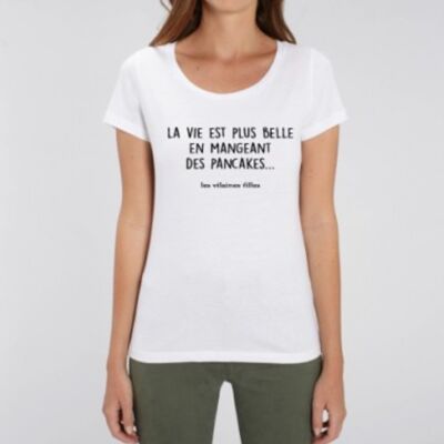 Round neck t-shirt, life is better by eating organic pancakes-White