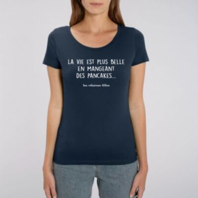 Round neck t-shirt life is more beautiful by eating organic pancakes-Navy blue