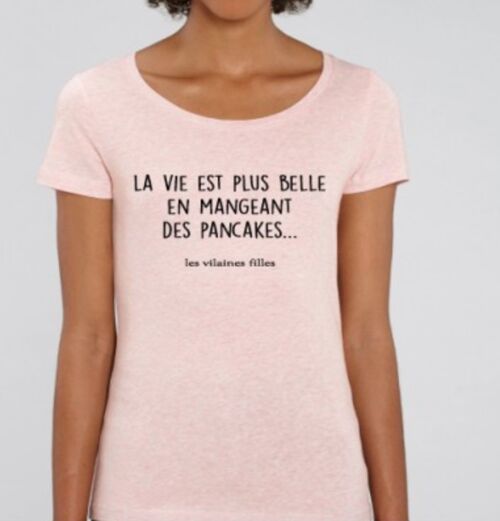 Tee-shirt col rond la vie est plus belle en mangeant des pancakes bio-Rose chiné