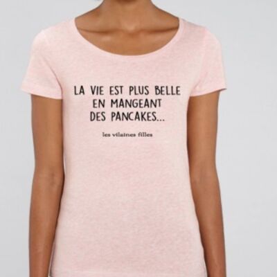 Round neck t-shirt, life is more beautiful by eating organic pancakes - Heather pink