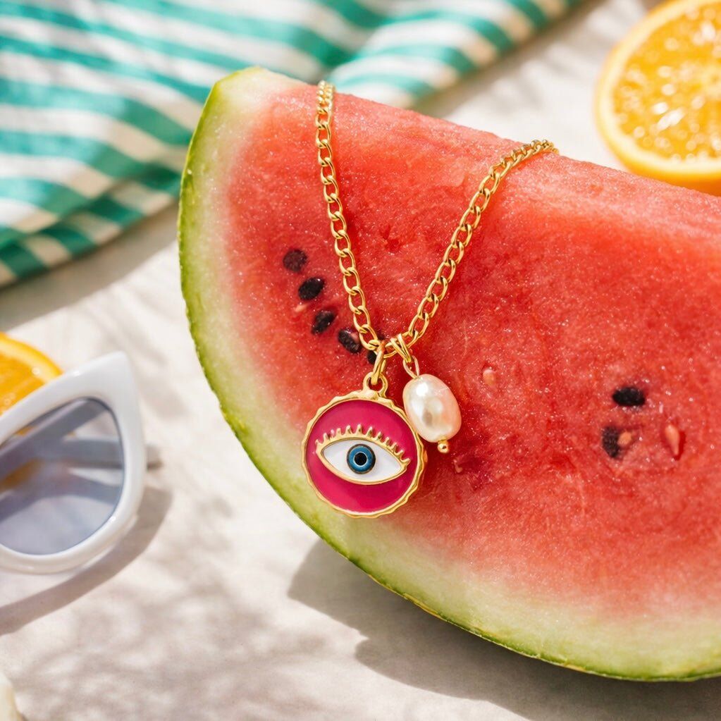 Positano Eye Pearl – Collana Figaro oro con occhio protettivo e perla barocca
