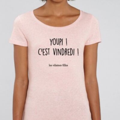 Tee-shirt col rond Youpi c'est vindredi bio-Rose chiné