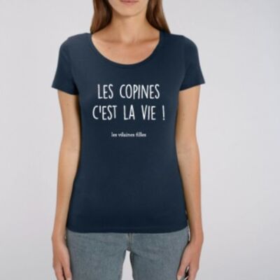Tee-shirt col rond Les copines c'est la vie bio-Bleu marine