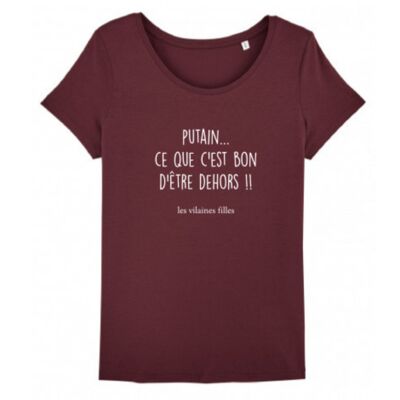 Round neck t-shirt Good to be outside-Bordeaux