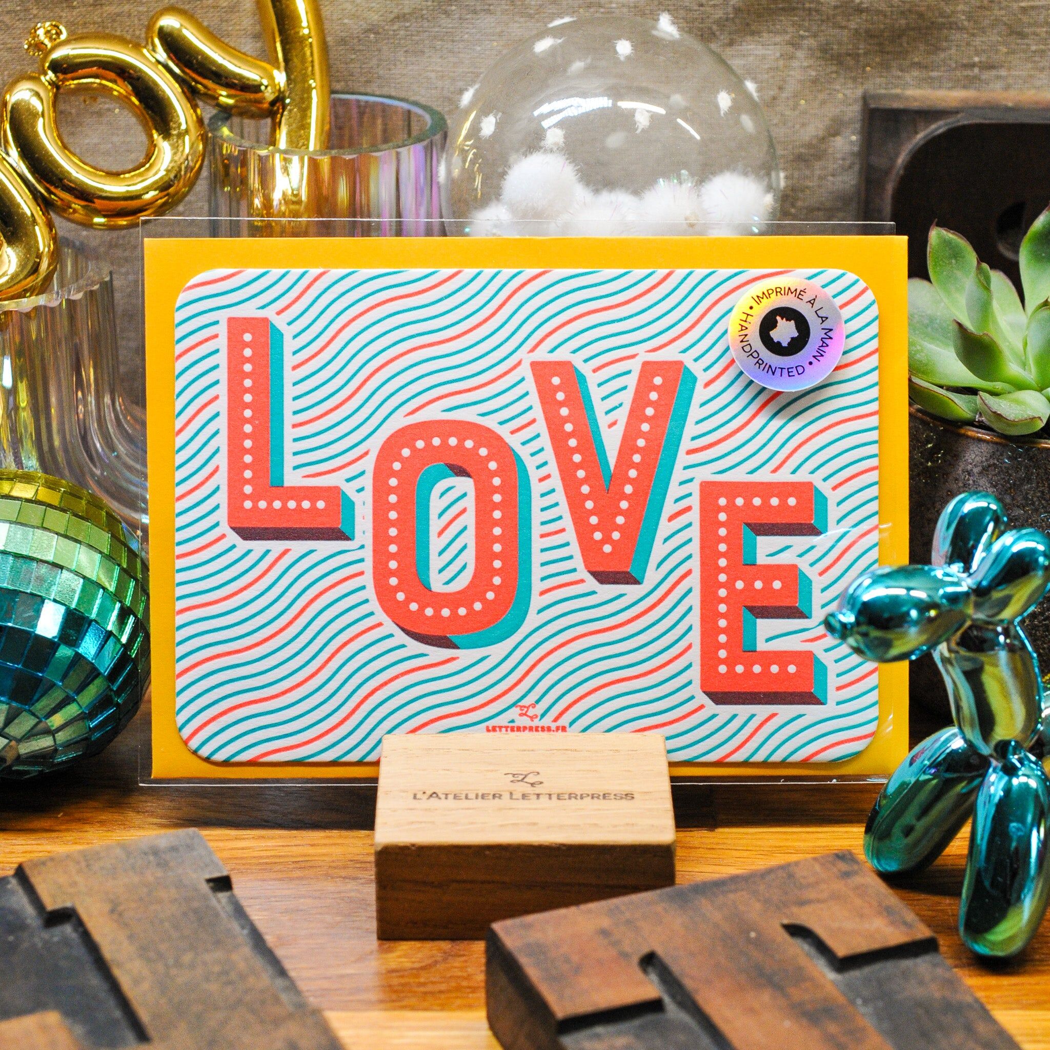 Tarjeta de amor impresa en tipografía (con sobre), amor, colorida, estampado, neón