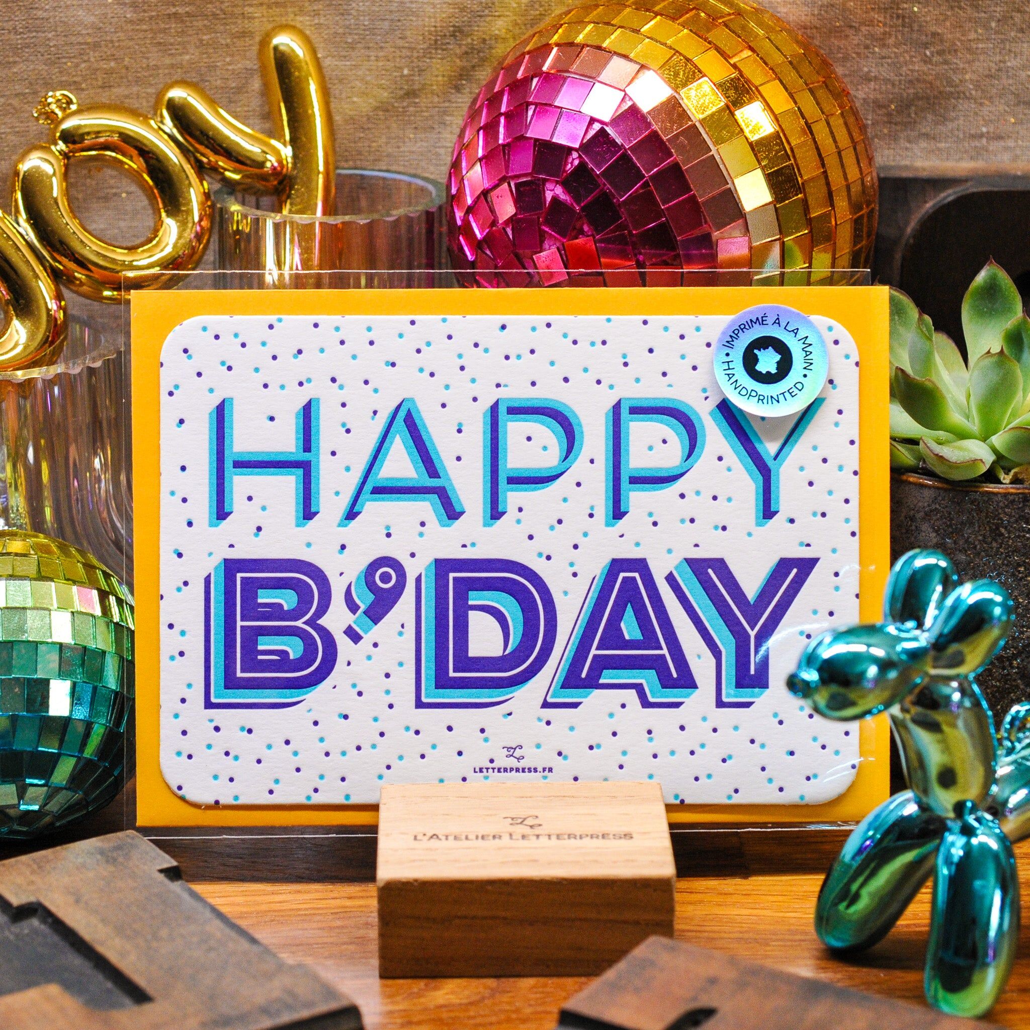 Letterpress Happy Birthday card (with envelope), birthday, colorful, patterned, neon