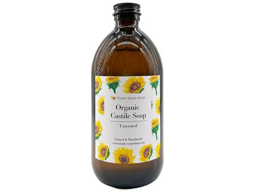 Organic Liquid Castile Soap Unscented, Glass Bottle of 500ml,