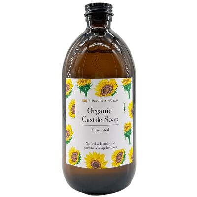 Organic Liquid Castile Soap Unscented, Glass Bottle of 500ml,