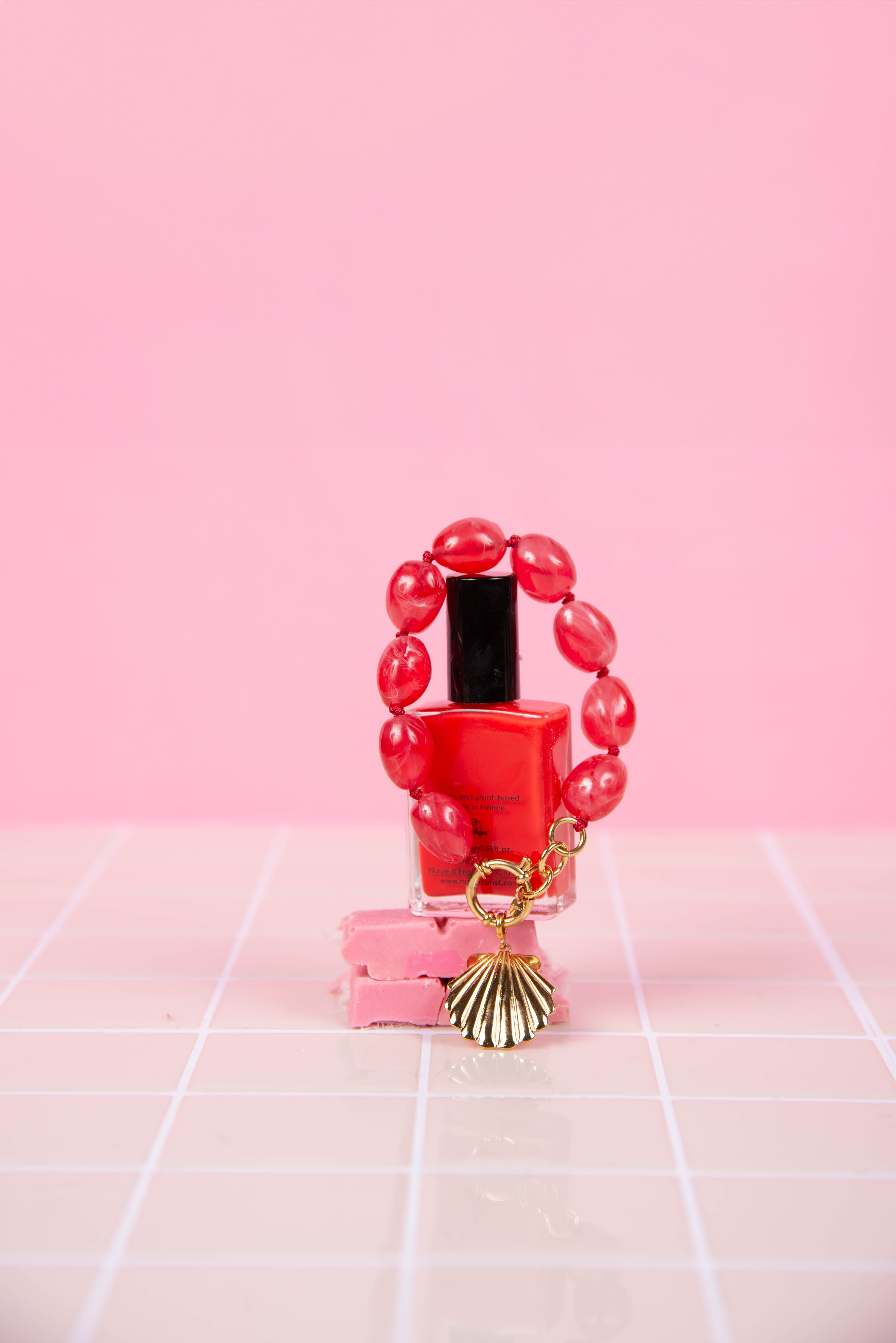 Pink resin bracelet - with scallop shell charms