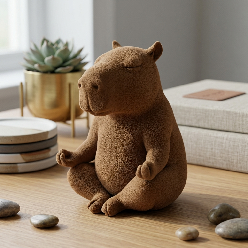 Meditating Capybara Statue Zen Decor, Fuzzy Skin 3D Sculpture, Calm Animal Figurine, Minimalist Home Decor, Relaxing Gift for Yoga Lovers