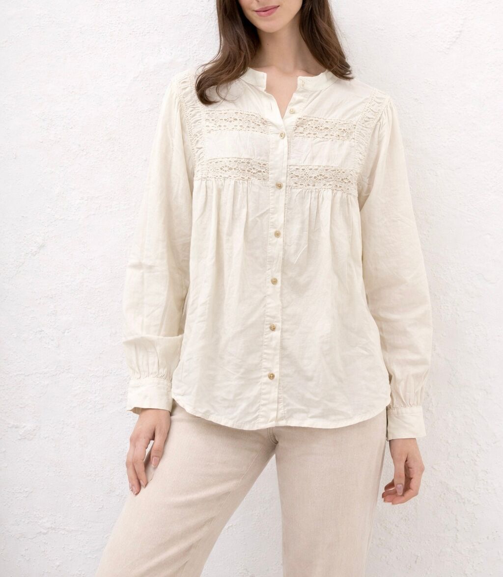 Bohemian shirt with long sleeves, buttoned cuffs, mandarin collar, lace trim on the front and gathers at the shoulders
