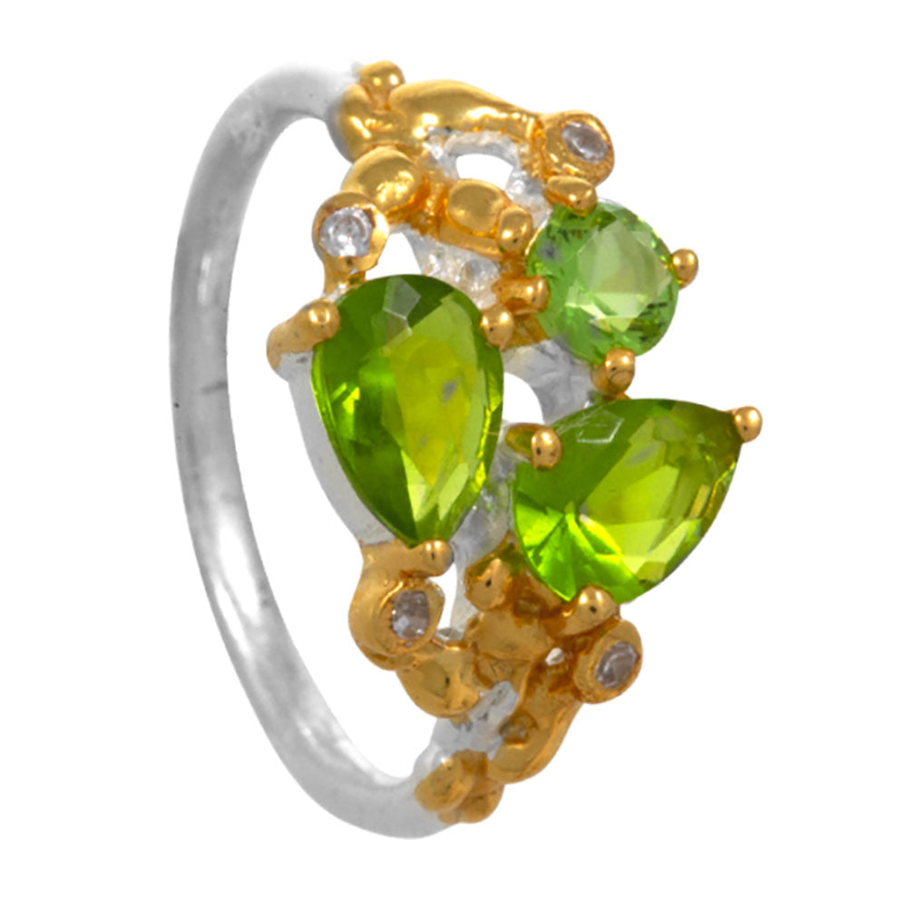 Bague en argent 925 plaqué or avec péridot et zircon blanc