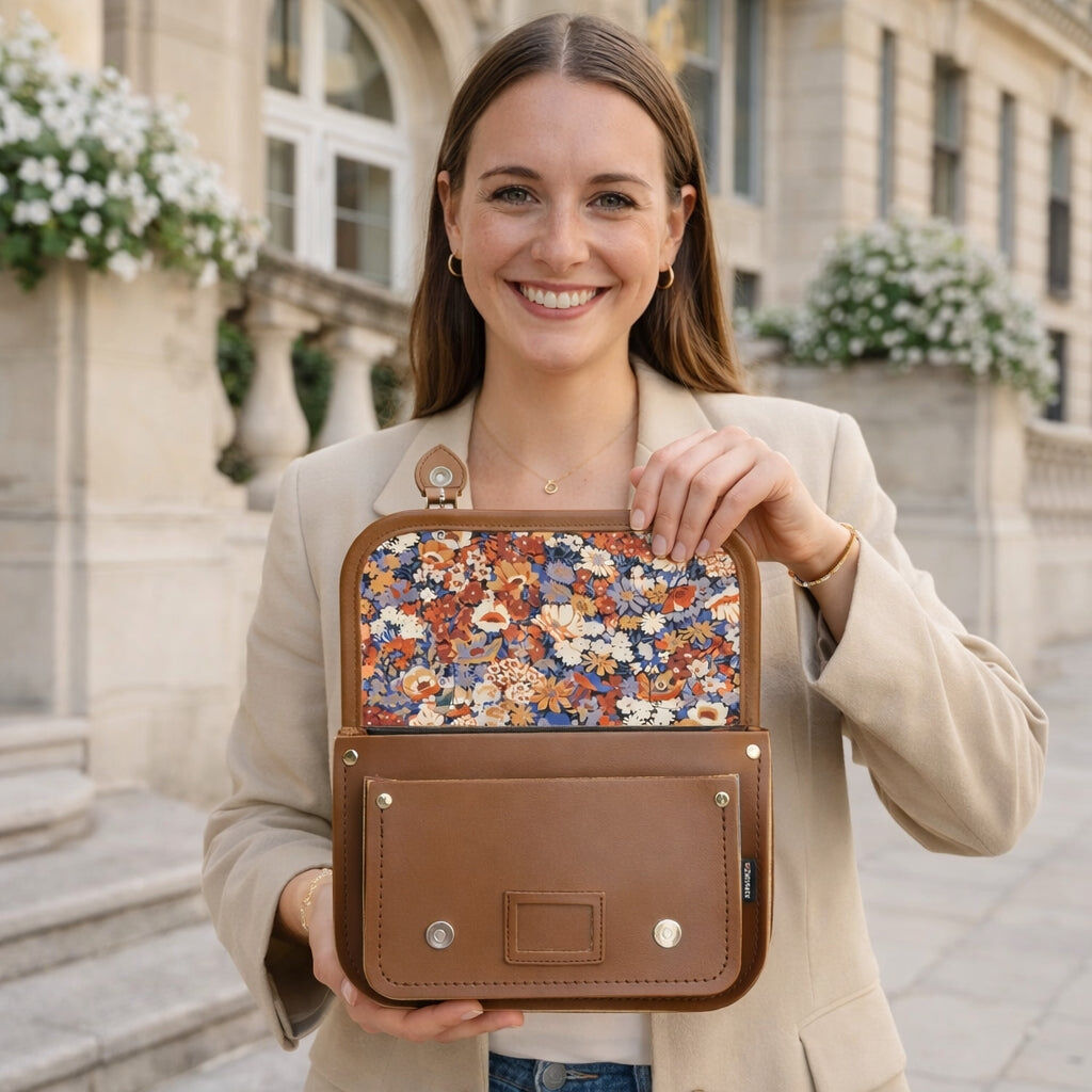 Borsa a mano midi in pelle con fodera floreale - Marrone castagna