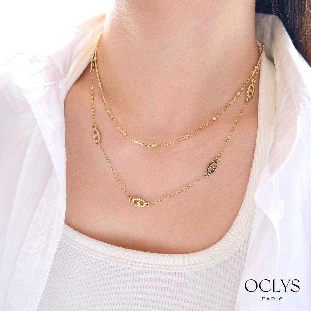 Collier double rang maille marine boules acier inoxydable Biona