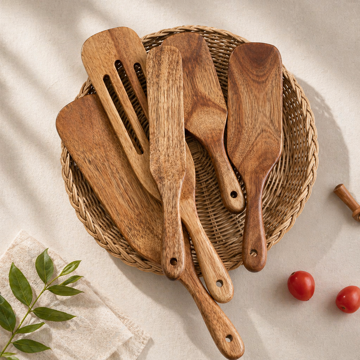 Spatelset aus Akazienholz, natürliches Kochutensil aus Holz