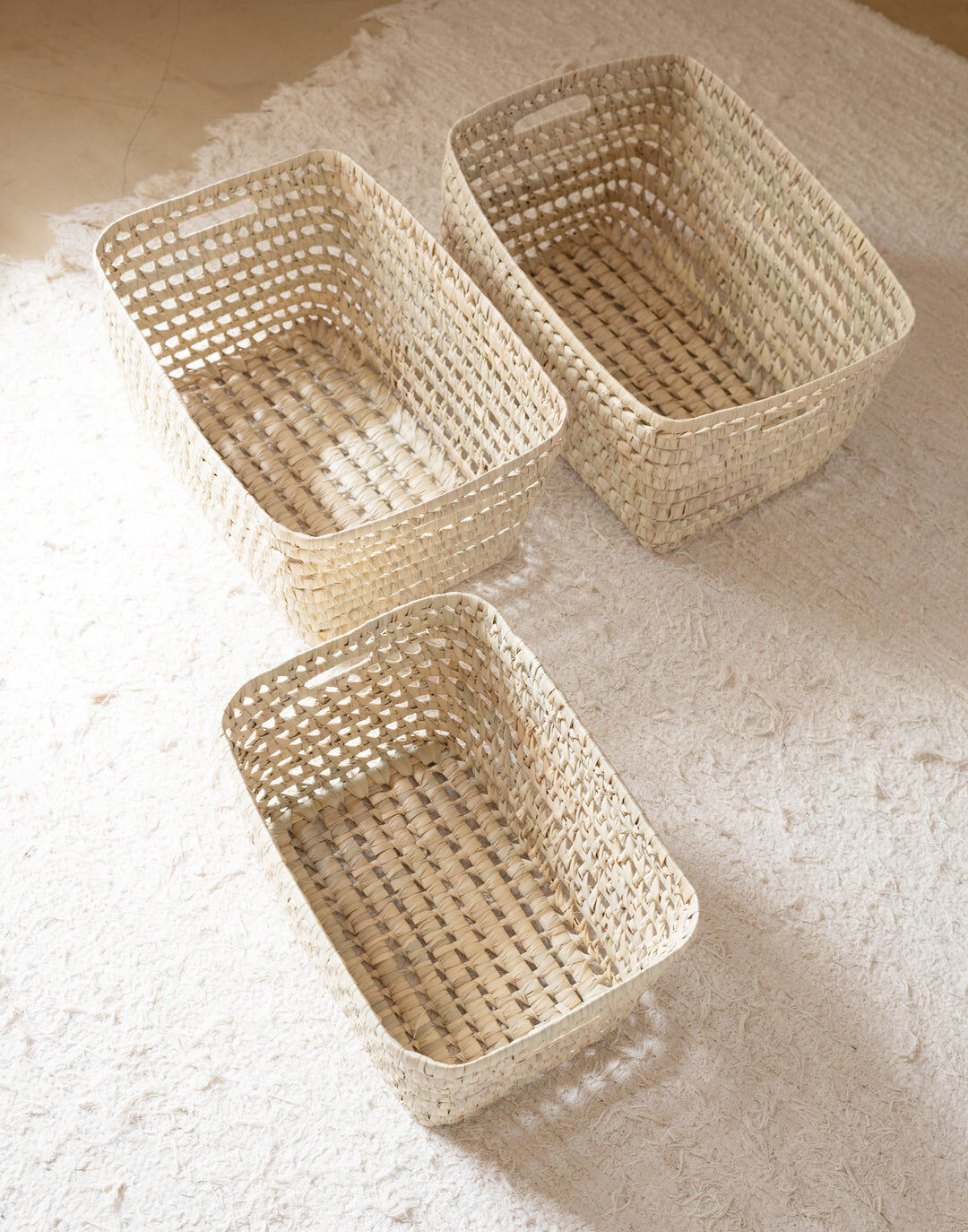 Handwoven Palm Leaf Storage Crate with Handles - Set of 3 Sizes - Sustainable Woven Organizer Box