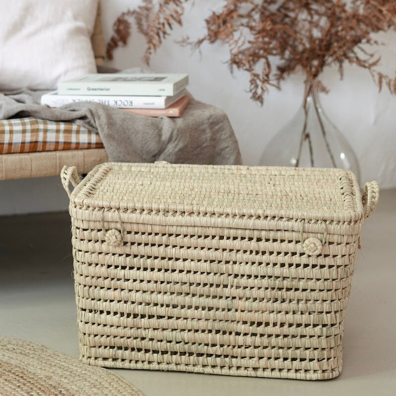 Handwoven Palm Leaf Storage Chest with Lid - Large Woven Ottoman Trunk - Natural Moroccan Interior Furniture