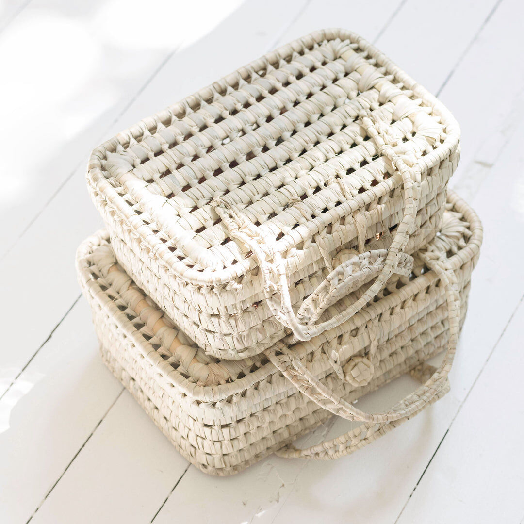 Vintage-Style Handwoven Palm Leaf Suitcase - Small Decorative Storage Trunk - Artisan Moroccan Keepsake Box