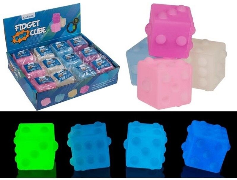 Dés Fidget Pop Cube phosphorescents 5,5 cm, 4 assortis présentés (12)