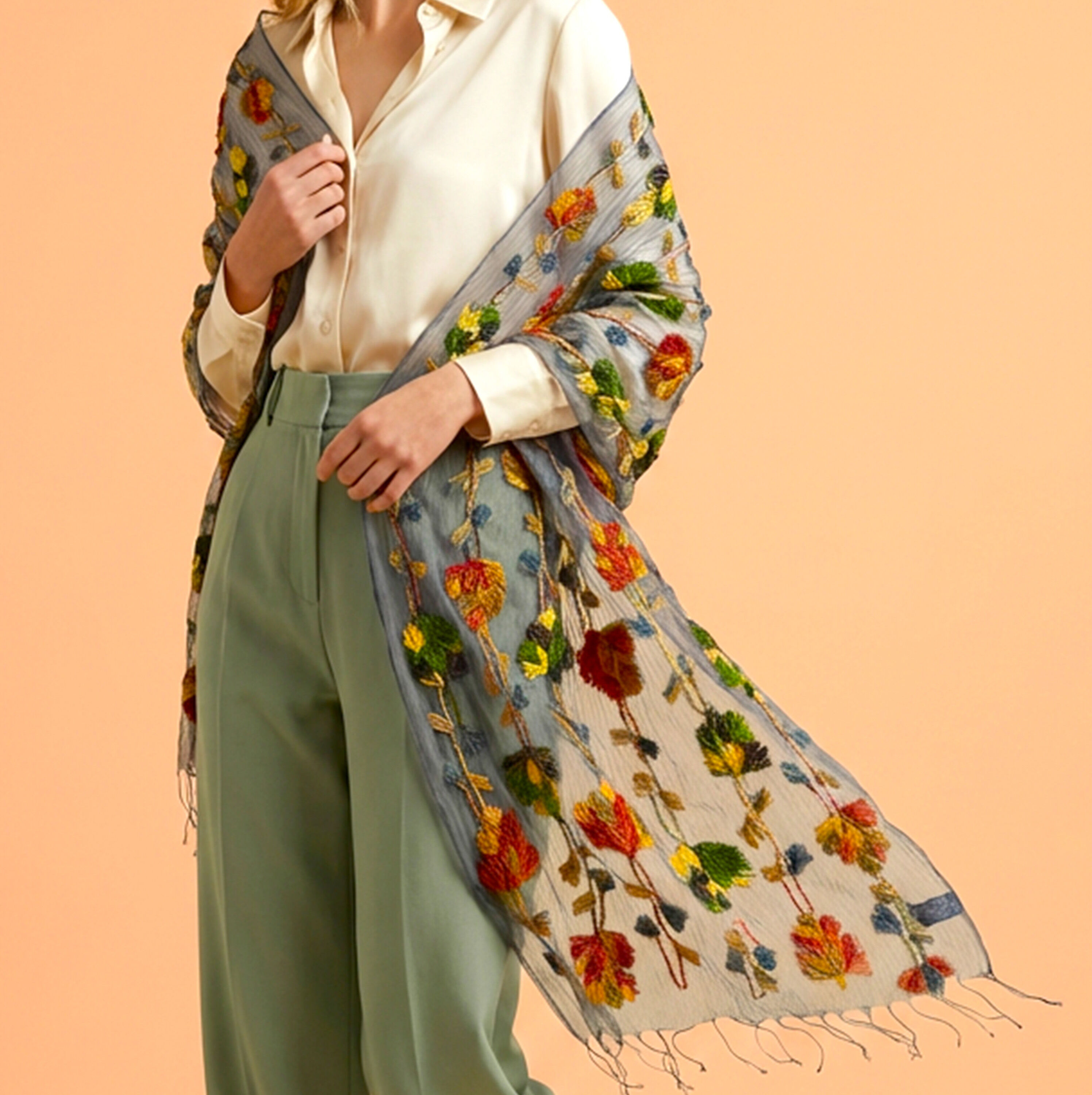 Floral Hand Embroidered Grey Silk Scarf